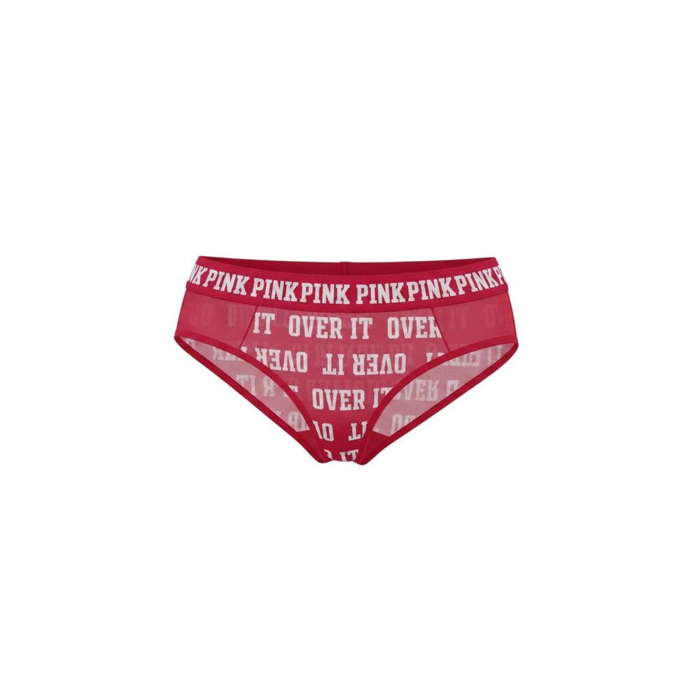 PINK Hipster Panties Womens L Red Over It Mesh Graphic Logo Underwear